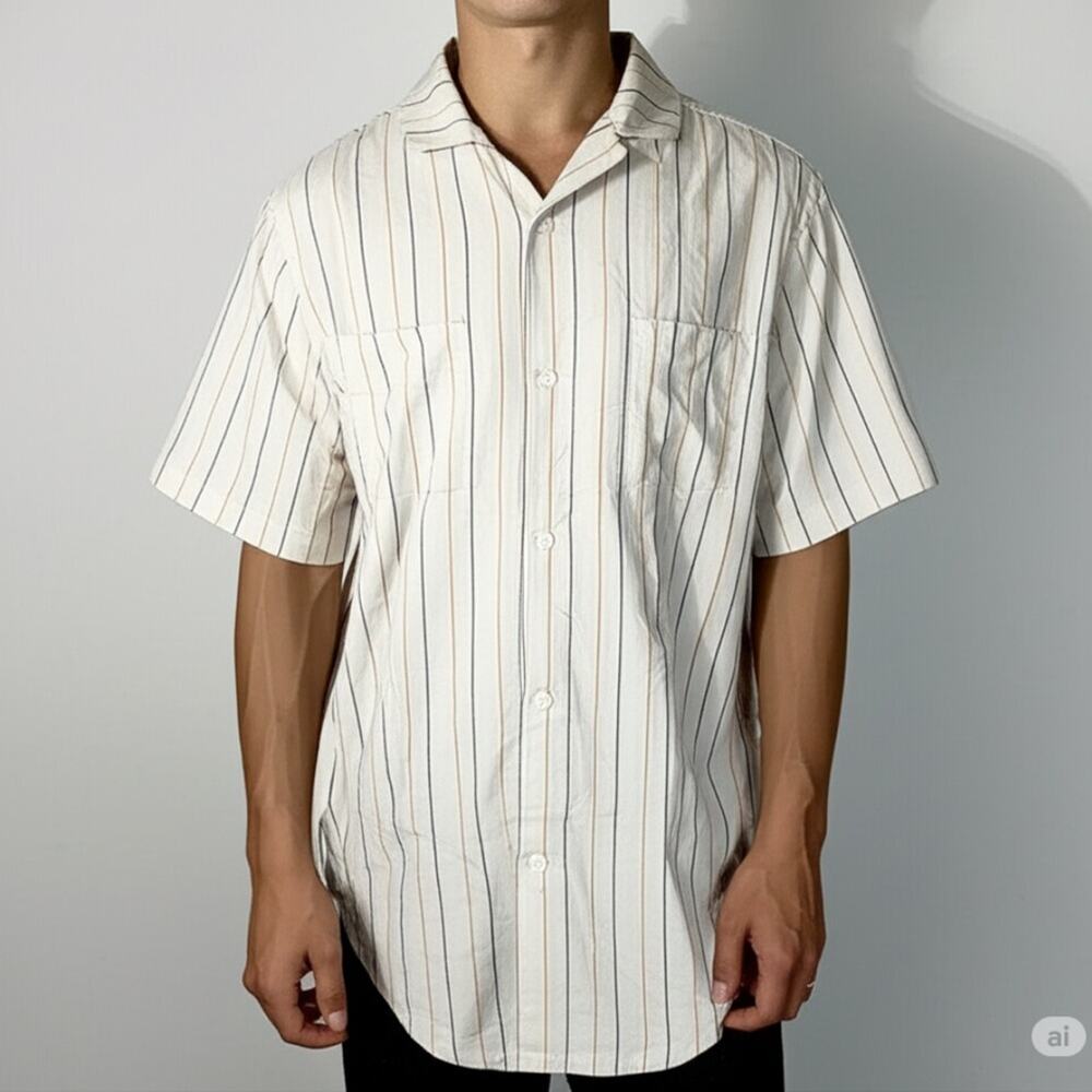 Fayettechill Men's Striped Button-Up Shirt Short Sleeve Relaxed Fit Size Large